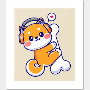 Cute Shiba Inu Hug Bone With Headphone Cartoon Posters and Art